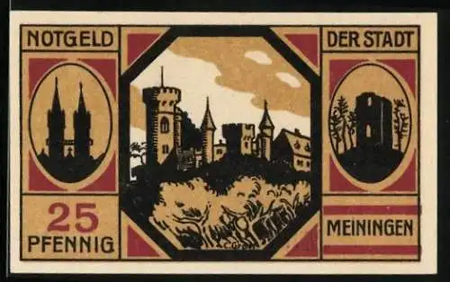 Notgeld Meiningen 1920, 25 Pfennig, Ortspartie, Kirche und Ruine