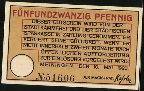 Notgeld Meiningen 1920, 25 Pfennig, Ortspartie, Kirche und Ruine