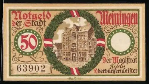 Notgeld Meiningen, 50 Pfennig, Rathaus und Wappen