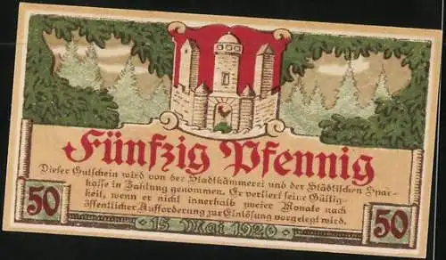 Notgeld Meiningen, 50 Pfennig, Rathaus und Wappen