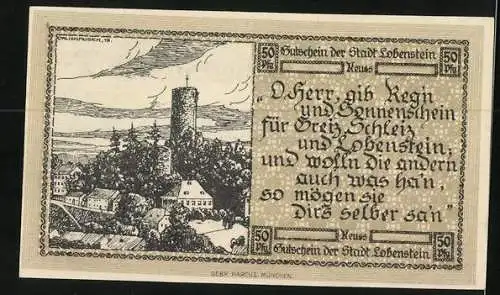 Notgeld Lobenstein 1919, 50 Pfennig, Teilansicht mit Burg