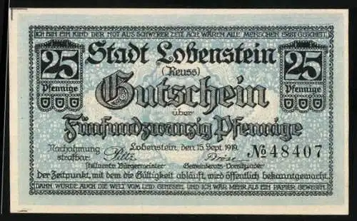 Notgeld Lobenstein 1919, 25 Pfennig, Teilansicht mit Burg
