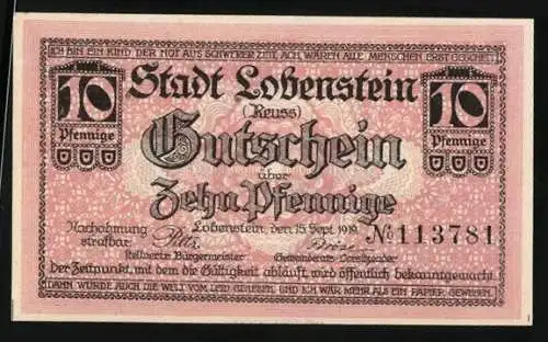 Notgeld Lobenstein 1919, 10 Pfennig, Teilansicht mit Burg