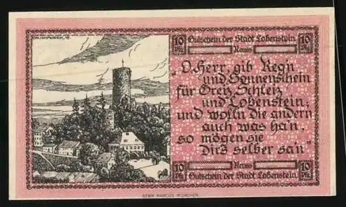 Notgeld Lobenstein 1919, 10 Pfennig, Teilansicht mit Burg