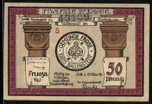 Notgeld Frose in Anhalt 1921, 50 Pfennig, Klosterkirche, im Mönchskloster, im Nonnenstift