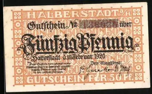 Notgeld Halberstadt 1920, 50 Pfennig, Gebäude und Wappen