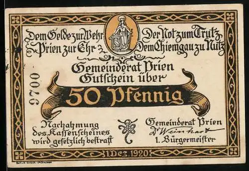 Notgeld Prien am Chiemsee 1920, 50 Pfennig, Fraueninsel mit Frau in Tracht
