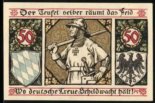 Notgeld Lindenberg i. Allgäu 1918, 50 Pfennig, Soldat in Uniform, Wappen