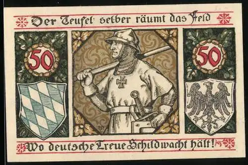 Notgeld Lindenberg i. Allgäu 1918, 50 Pfennig, Soldat in Uniform, Wappen