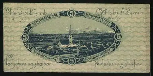 Notgeld Schwanenstadt 1920, 5 Heller, Stadtansicht