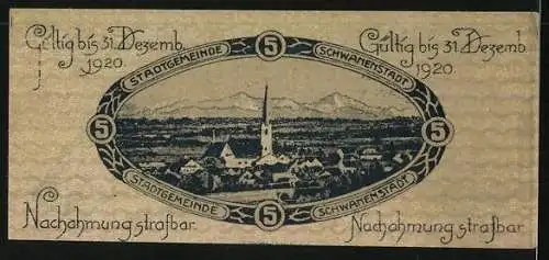 Notgeld Schwanenstadt 1920, 5 Heller, Stadtansicht