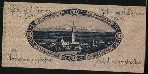 Notgeld Schwanenstadt 1920, 10 Heller, Stadtansicht