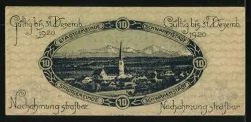 Notgeld Schwanenstadt 1920, 10 Heller, Stadtansicht