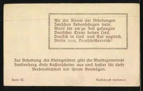 Notgeld Marktgemeinde Senftenberg 1920, 50 Heller, Ortsansicht mit Wappen