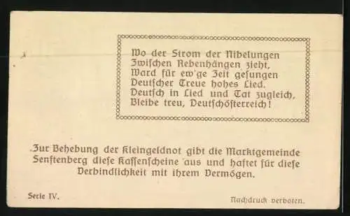 Notgeld Marktgemeinde Senftenberg 1920, 50 Heller, Ortsansicht mit Wappen