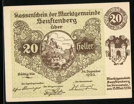 Notgeld Marktgemeinde Senftenberg 1920, 20 Heller, Teilansicht mit Burg, Wappen