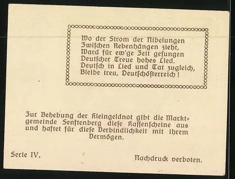 Notgeld Marktgemeinde Senftenberg 1920, 20 Heller, Teilansicht mit Burg, Wappen