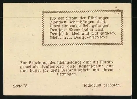 Notgeld Marktgemeinde Senftenberg 1920, 20 Heller, Teilansicht mit Burg, Wappen