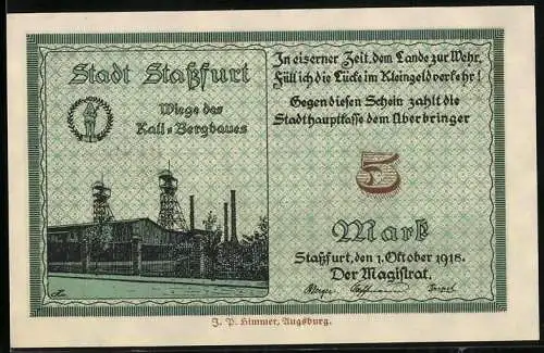 Notgeld Stassfurt 1918, 5 Mark, Wiege des Kali & Bergbaues, Ortsansicht