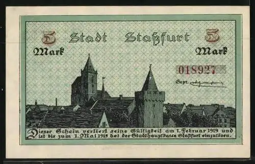 Notgeld Stassfurt 1918, 5 Mark, Wiege des Kali & Bergbaues, Ortsansicht