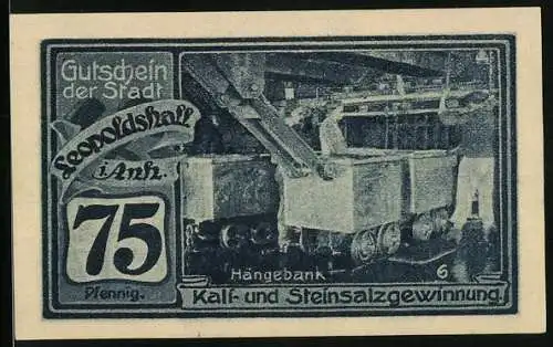 Notgeld Leopoldshall in Anhalt 1921, 75 Pfennig, Hängebank zur Kali- und Steinsalzgewinnung, Bergleute