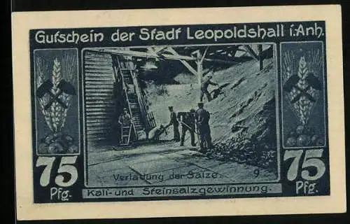 Notgeld Leopoldshall in Anhalt 1921, 75 Pfennig, verladung der Salze zur Kali- und Steinsalzgewinnung