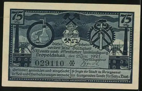 Notgeld Leopoldshall in Anhalt 1921, 75 Pfennig, verladung der Salze zur Kali- und Steinsalzgewinnung