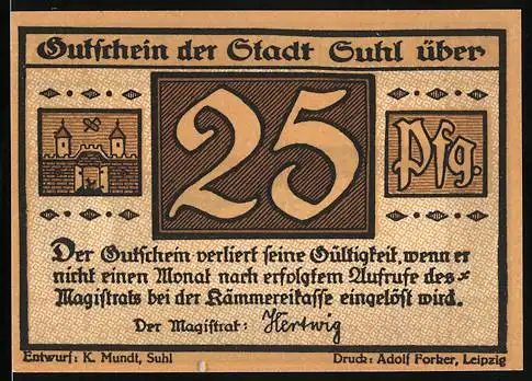 Notgeld Suhl, 25 Pfennig, Wappen, Büchse zum Schützenfest