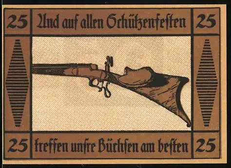 Notgeld Suhl, 25 Pfennig, Wappen, Büchse zum Schützenfest
