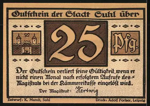 Notgeld Suhl, 25 Pfennig, Wappen, Büchse zum Schützenfest