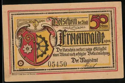 Notgeld Freienwalde in Pommern, 50 Pfennig, Wappen, Organisierung der Schützengilde durch den Rat der Stadt