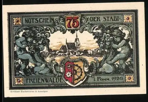 Notgeld Freienwalde i. Pomm. 1920, 75 Pfennig, Stadtansicht mit Wappen, Stadtsiegel