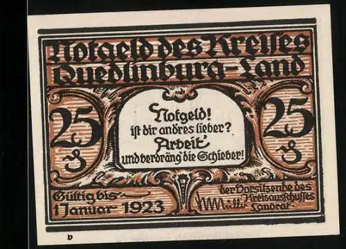 Notgeld Quedlinburg-Land 1923, 25 Pfennig, Wohlfahrtsgebäude des Kreises Quedlinburg-Land in Thale /Harz