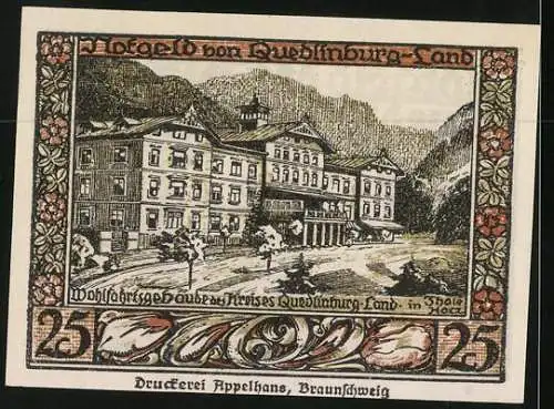 Notgeld Quedlinburg-Land 1923, 25 Pfennig, Wohlfahrtsgebäude des Kreises Quedlinburg-Land in Thale /Harz