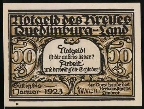 Notgeld Quedlinburg-Land 1923, 50 Pfennig, Kreishaus Quedlinburg