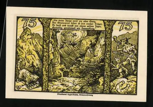 Notgeld Thale /Harz 1921, 75 Pfennig, Hexen zu Pferde stürzen in die Schlucht, Wappen