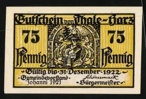 Notgeld Thale /Harz 1921, 75 Pfennig, Hexen zu Pferde stürzen in die Schlucht, Wappen