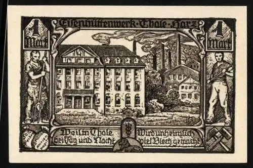 Notgeld Thale-Harz 1921, 100 Pfennig, Eisenhüttenwerk und Wappen