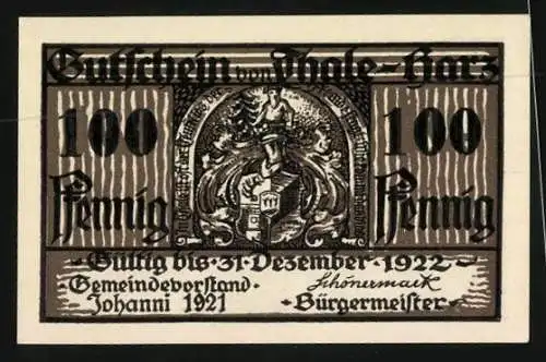 Notgeld Thale-Harz 1921, 100 Pfennig, Eisenhüttenwerk und Wappen