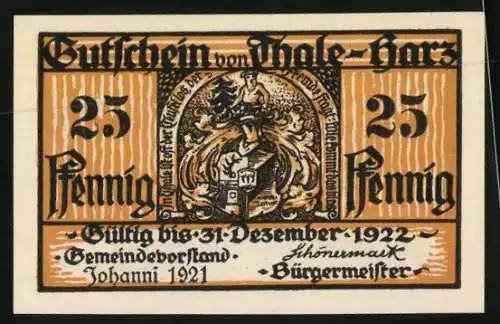 Notgeld Thale-Harz 1921, 25 Pfennig, Walpurgisfeier auf dem Hexenplatz, Wappen