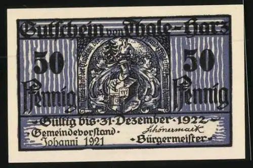 Notgeld Thale-Harz 1921, 50 Pfennig, Teufelsmauer, Walpurgishalle mit Opferstein vom Heidenwalle