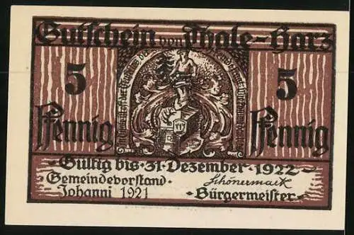 Notgeld Thale-Harz 1921, 5 Pfennig, Bergtheater und Wappen