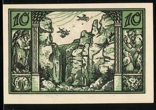 Notgeld Thale-Harz 1921, 10 Pfennig, Hexen springen zu Pferde über die Klippe, Wappen