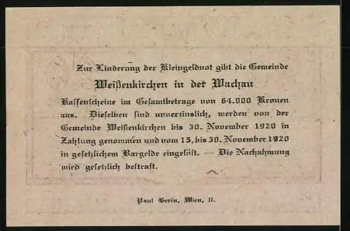 Notgeld Weissenkirchen in der Wachau 1920, 20 Heller, Ortsansicht