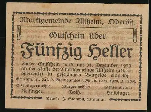 Notgeld Marktgemeinde Altheim 1920, 50 Heller, Ortsansicht