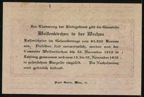 Notgeld Weissenkirchen in der Wachau 1920, 20 Heller, Ortspartie