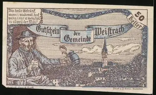 Notgeld Weistrach 1920, 50 Heller, Schloss Rohrbach und Elisabethwarte, Mann mit Tabakspfeife und Bierkrug