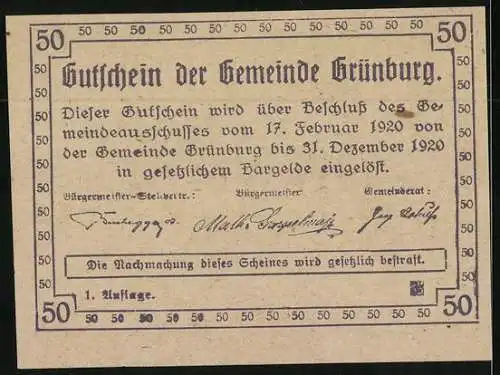 Notgeld Grünburg 1920, 50 Heller, Kirche