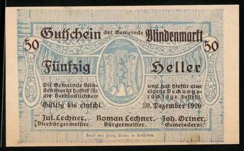 Notgeld Blindenmarkt 1920, 50 Heller, Wappen
