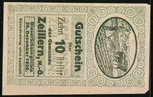 Notgeld Zeillern 1920, 10 Heller, Bauer hinter dem Pferdepflug